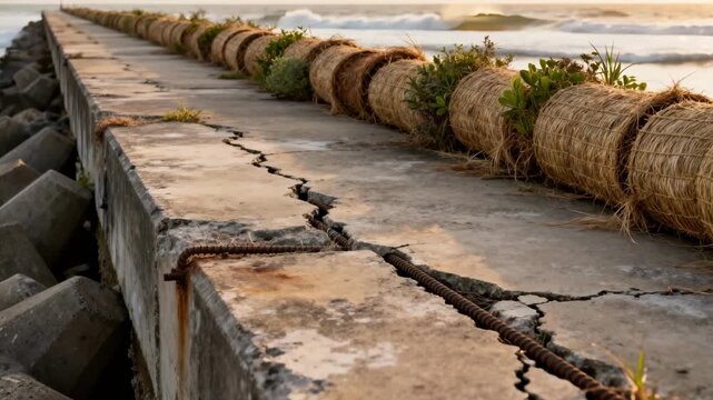 Medium shot of biomaterial erosion control barriers along a weathered jetty showcasing natural protection methods against coastal erosion.