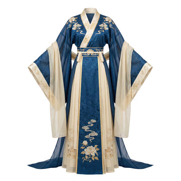 Elaborate blue and beige traditional Chinese Hanfu dress