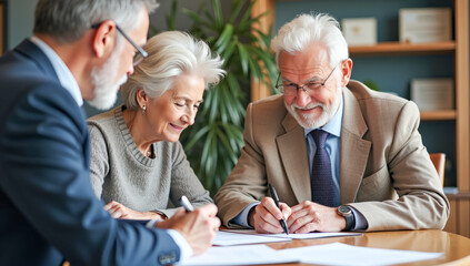 an elderly couple sign documents