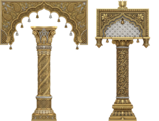 Majestic Golden Temple Style Pillar and Rectangular Arch Frame for Indian Religious Ceremonies and Traditional Wedding Decor.