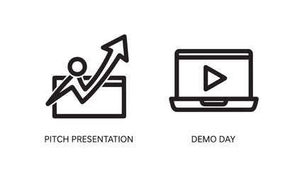 Business growth and startup presentation icons showing a rising graph for a pitch deck and a laptop for a digital demo day.