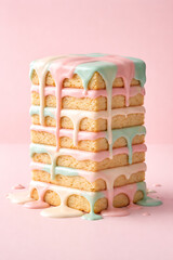 Minimal pastel layered cake stack with dripping pink and mint icing on soft background modern dessert art