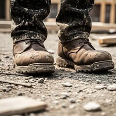 Worker's Muddy Boots on Construction Site