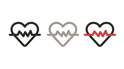 Three minimalist heart icons showing ECG or heartbeat variations on white background