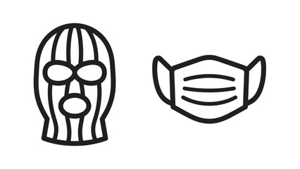 Security and Hygiene Icon Set Featuring a Thief Balaclava and a Medical Face Mask in Line Art Style