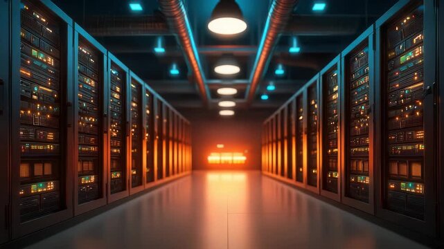 Large data center with rows of server racks and glowing lights - Powered by Adobe