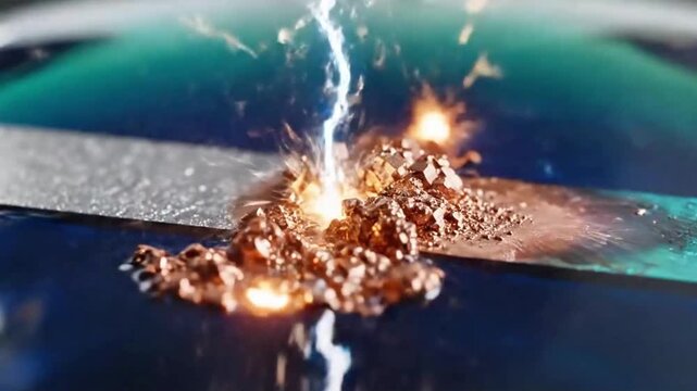 Redox reaction with electron transfer visualized as glowing sparks.