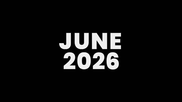 Bold June 2026 text animation on a dark background, ideal for future dates, calendar visuals, timelines, and clean modern video intros.