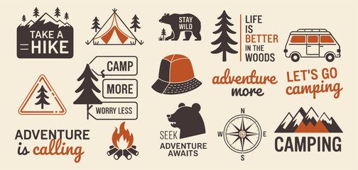 Outdoor adventure badge set with camping quotes and forest illustrations. Perfect for t-shirt designs, stickers, travel gear, or hiking-themed merchandise.
