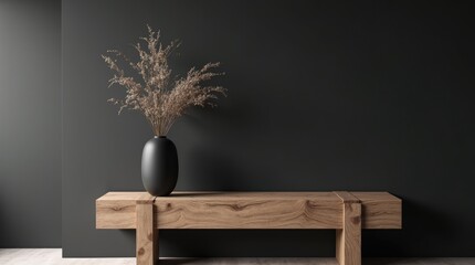Black matte vase on a raw oak wood console table against a dark wall, minimalist entryway decor. copy space