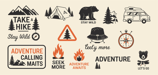 Outdoor adventure badge set with camping quotes and forest illustrations. Perfect for t-shirt designs, stickers, travel gear, or hiking-themed merchandise.