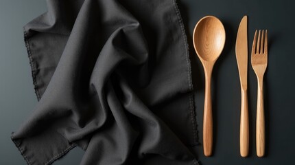 Flat lay of black linen napkins and oak cutlery on dark table, minimalist tablescape and organic modern dining