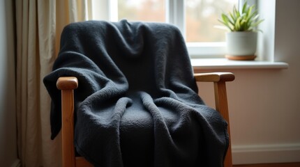 Black wool throw blanket on oak armchair by window, cozy reading nook and warm minimalist comfort