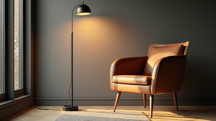Black metal floor lamp with oak base next to leather chair, modern study corner and focused sophisticated ambiance