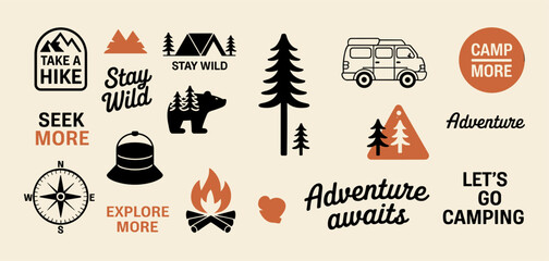 Outdoor adventure badge set with camping quotes and forest illustrations. Perfect for t-shirt designs, stickers, travel gear, or hiking-themed merchandise.