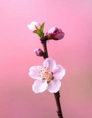 A delicate peach blossom branch with pink flowers against a soft pink background, symbolizing spring and renewal.