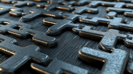 Close up of a gleaming abstract geometric interlocking metallic platinum shapes forming a repeating pattern on a textured surface