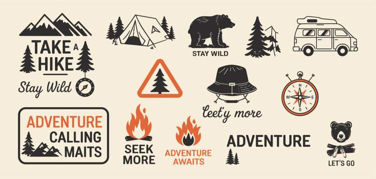 Outdoor adventure badge set with camping quotes and forest illustrations. Perfect for t-shirt designs, stickers, travel gear, or hiking-themed merchandise.