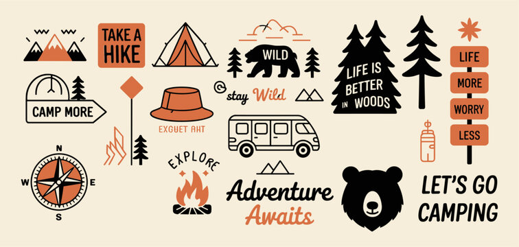 Outdoor adventure badge set with camping quotes and forest illustrations. Perfect for t-shirt designs, stickers, travel gear, or hiking-themed merchandise.