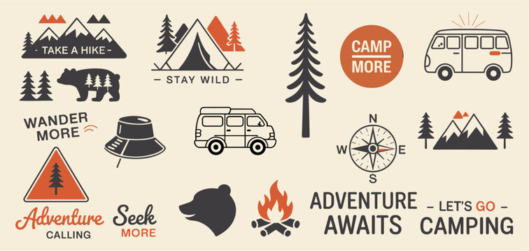 Outdoor adventure badge set with camping quotes and forest illustrations. Perfect for t-shirt designs, stickers, travel gear, or hiking-themed merchandise.