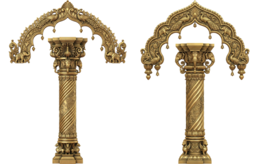 Traditional Gold Scalloped Arch and Carved Pillars for Luxury Mandap Design and Hindu Religious Ceremony Stage Sets.