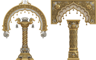 Elaborate Golden Temple Style Arch and Column Set with Traditional Religious Symbols for Indian Wedding Ceremonies and Festivals.