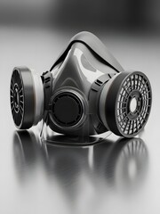 Black gas mask on reflective surface with filters visible from multiple angles