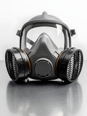 A black gas mask with filters on a reflective surface against a white background