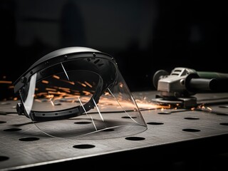 Protective safety gear on metalwork surface with sparks