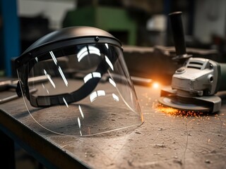 Protective face shield on workbench near operating angle grinder in industrial workshop