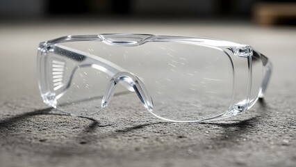 Clear safety glasses on a gray concrete surface with a blurred industrial background