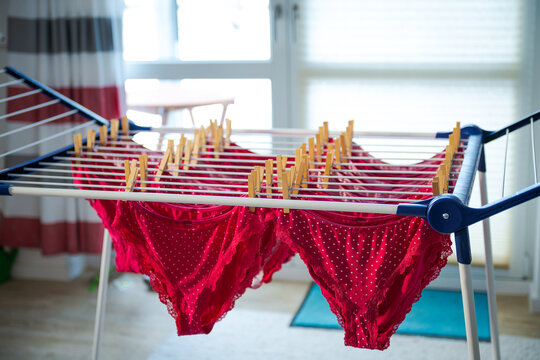Similar red womens&acute; panties clipped on with wooden pegs to clothes horse in living room of modern apartment for drying