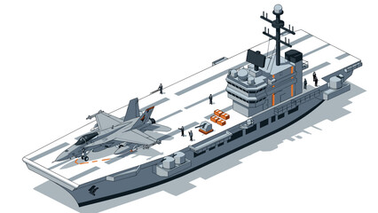 Naklejka premium Isometric aircraft carrier with fighter jet and crew in detailed modern design