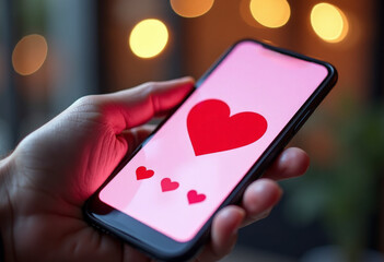 Online dating app concept for Valentine&rsquo;s Day, smartphone with heart icons, blurred background, modern lifestyle photo