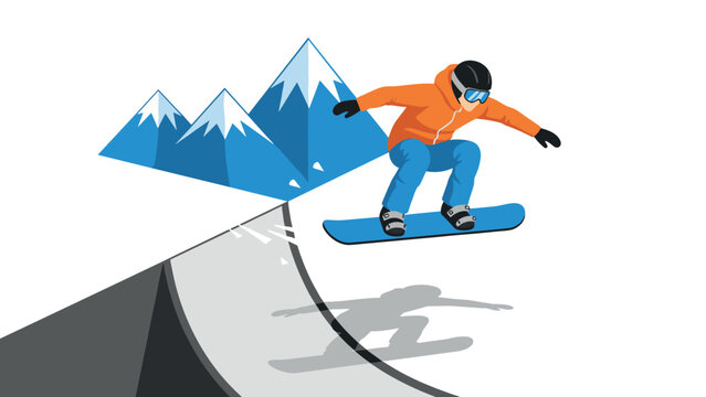 Snowboarder in action with mountain backdrop and quarterpipe