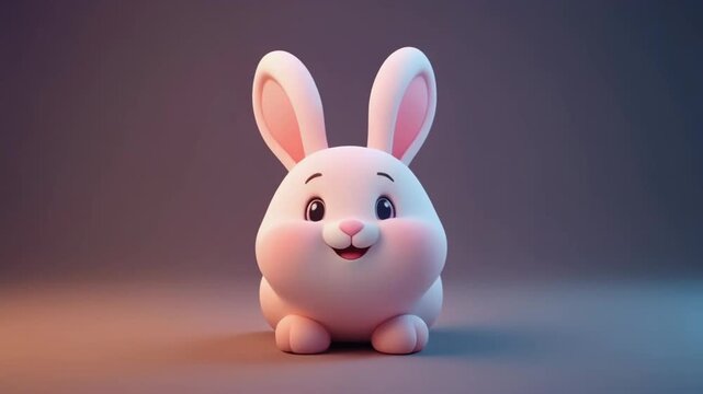 Cute chubby 3D blue and pink bunny character sitting on gray