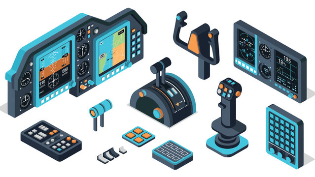 Isometric aircraft cockpit instruments with modern control panels and gauges