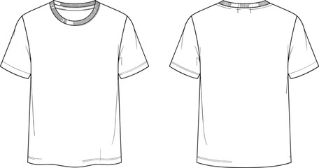 Blank white t-shirt technical drawing template set with front and back view, apparel mockup, fashion design sketch, clothing vector outline.
