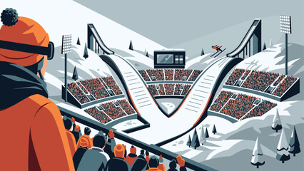 Winter ski jumping competition in snowy mountain arena
