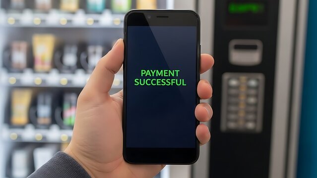 Hand holding smartphone with payment successful. - Powered by Adobe
