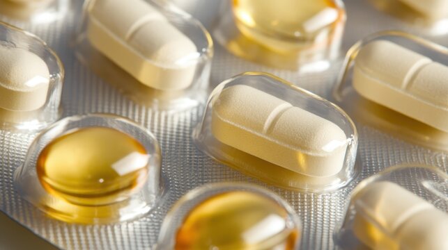 Close up of blister packs containing various vitamin and supplement capsules and pills in clear packaging