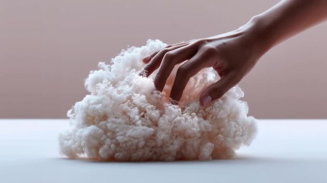 Hand gently touching soft cloud texture conveying sensory calm