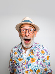Amused and surprised old man pensioner wearing summer clothes and a straw hat looking at the camera with his mouth open. Elderly people, retirement and travel
