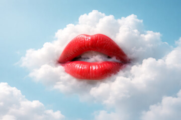 Surreal red lips emerging from soft white clouds against blue sky fantasy beauty concept illustration