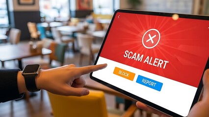 Close up hand of person about to press block button on tablet screen with scam warning pop up message, cybersecurity concept