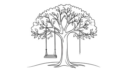 Tree Swing Illustration - Serene Childhood Nostalgia in Black and White.