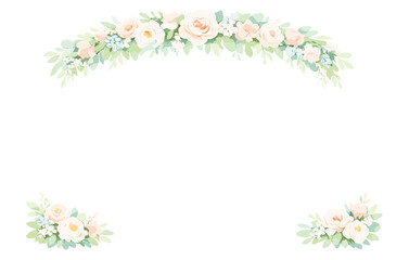 Fototapeta premium Elegant floral frame with pastel roses and greenery for wedding invitations