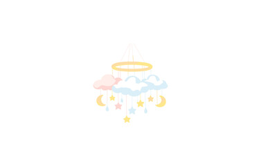 Fototapeta premium Soft pastel baby mobile with clouds, stars, and moons on white background