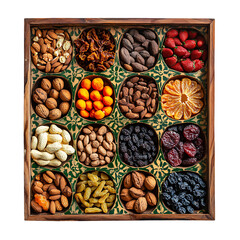 Wooden box containing various nuts and dried fruits on white background P N G A I G E N E R A T E D isolated on a transparent background
