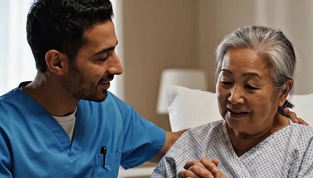 Caring male nurse comforting elderly patient in hospital room